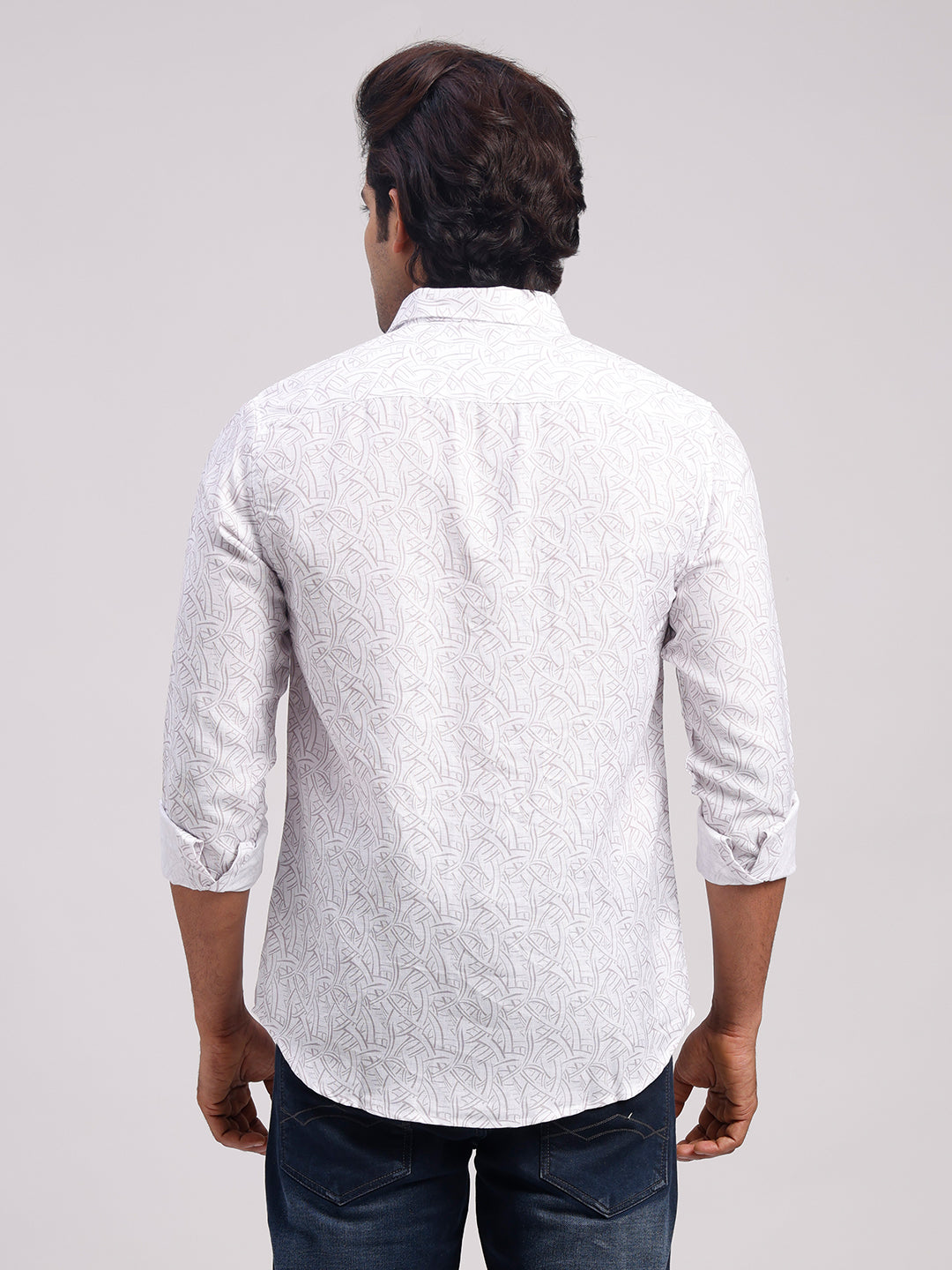 Classic Polo Men's Full Sleeve White Polo Neck Slim Fit All-Over Print Cotton Casual Shirt | SR1-CL-17 B-FS-PRT-SF