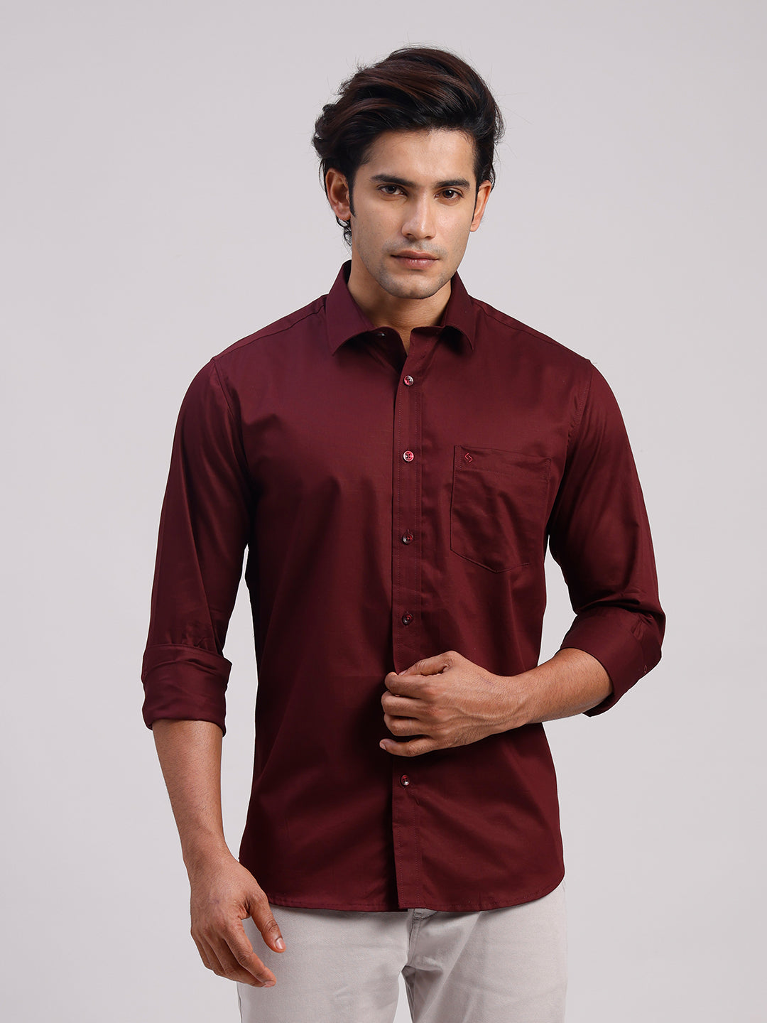 Classic Polo Men's Full Sleeve Maroon Polo Neck Slim Fit Solid Cotton Casual Shirt | LSHR1-EL-13 A-FS-SLD-SF