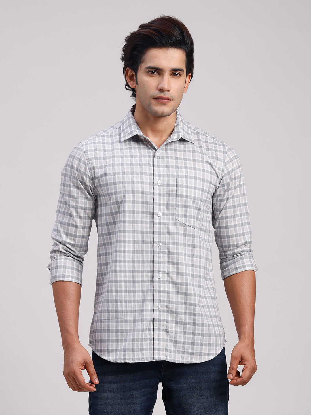 Classic Polo Men's Full Sleeve Grey Polo Neck Slim Fit Checked Cotton Casual Shirt | LSHR1-CL-02 A-FS-CHK-SF