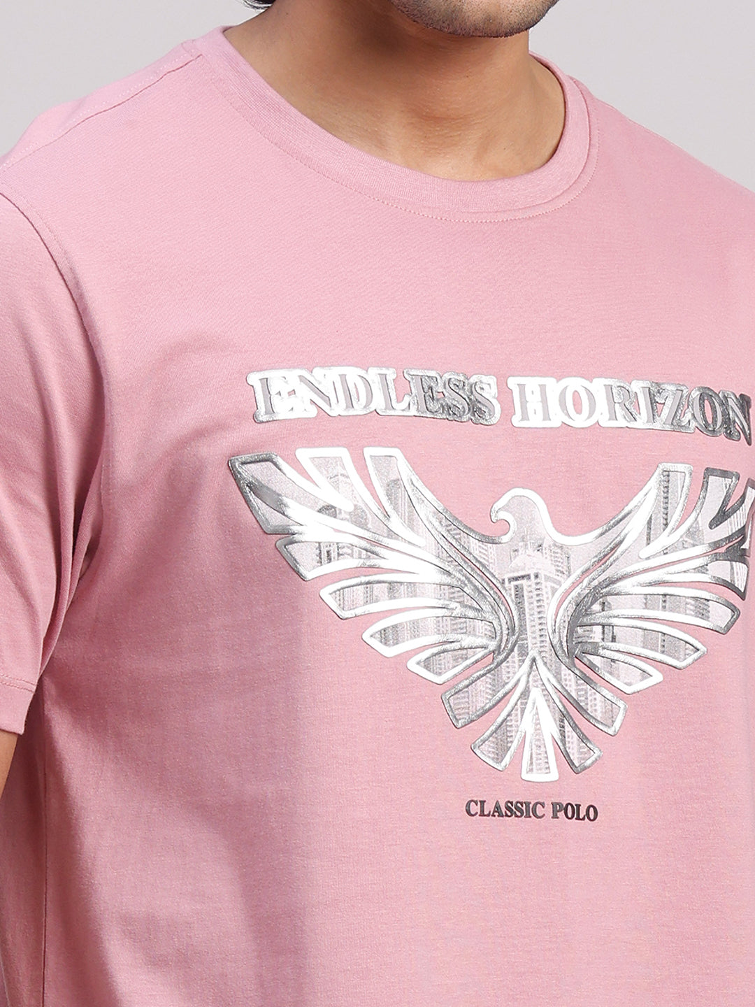 Classic Polo Men's Half Sleeve Pink Round Neck Slim Fit Printed Cotton T-Shirt | BALENO - 637 A SF C
