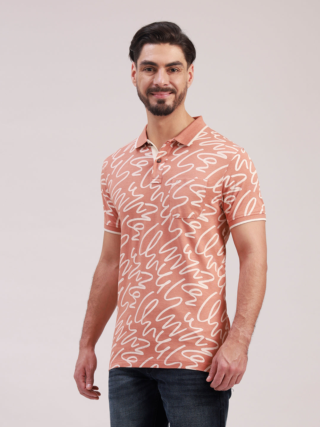 Classic Polo Men's Half Sleeve Peach/White Polo Neck Slim Fit All-Over Print Cotton T-Shirt | LTS-AOP - 120 B SF P