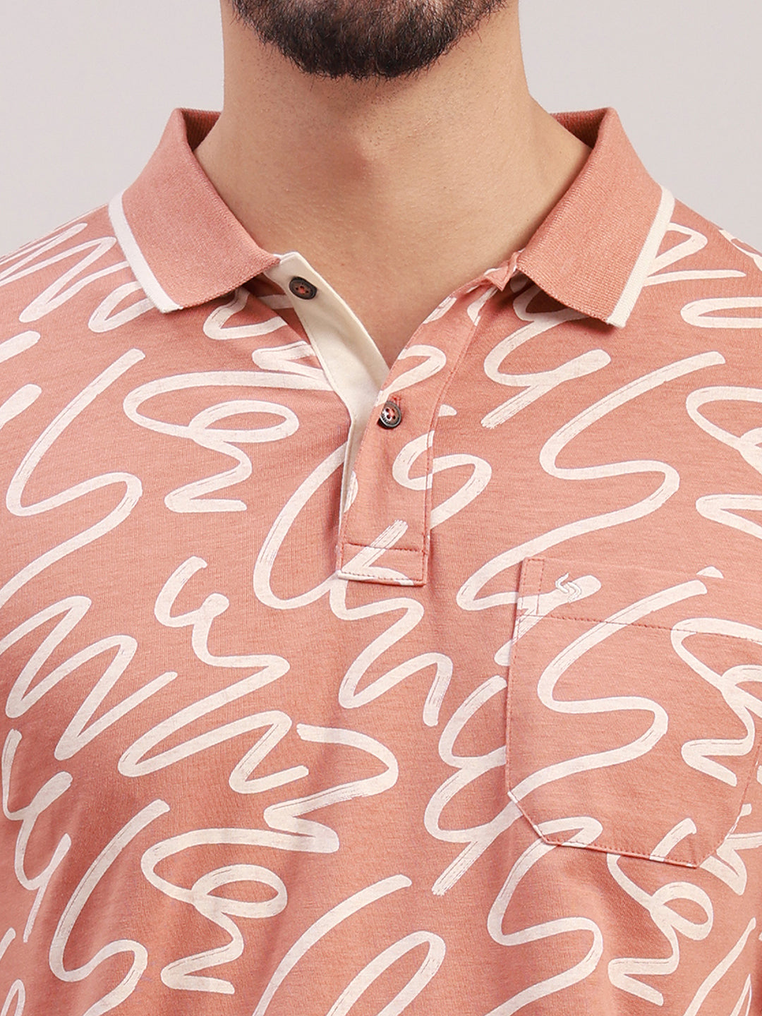 Classic Polo Men's Half Sleeve Peach/White Polo Neck Slim Fit All-Over Print Cotton T-Shirt | LTS-AOP - 120 B SF P