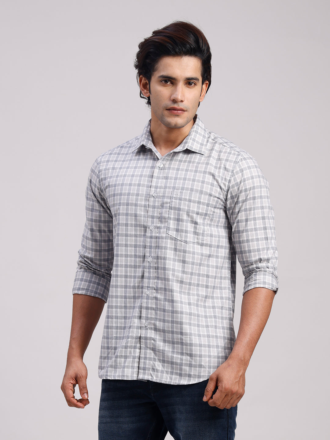 Classic Polo Men's Full Sleeve Grey Polo Neck Slim Fit Checked Cotton Casual Shirt | LSHR1-CL-02 A-FS-CHK-SF