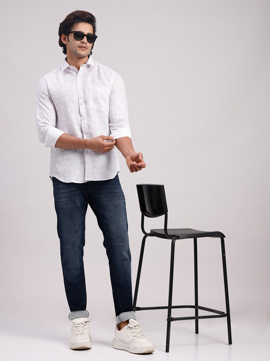 Classic Polo Men's Full Sleeve White Polo Neck Slim Fit All-Over Print Cotton Casual Shirt | SR1-CL-17 B-FS-PRT-SF