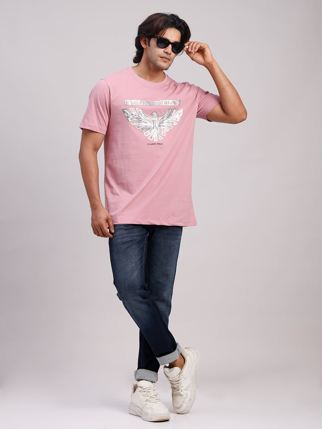 Classic Polo Men's Half Sleeve Pink Round Neck Slim Fit Printed Cotton T-Shirt | BALENO - 637 A SF C