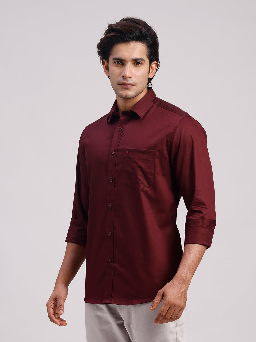 Classic Polo Men's Full Sleeve Maroon Polo Neck Slim Fit Solid Cotton Casual Shirt | LSHR1-EL-13 A-FS-SLD-SF