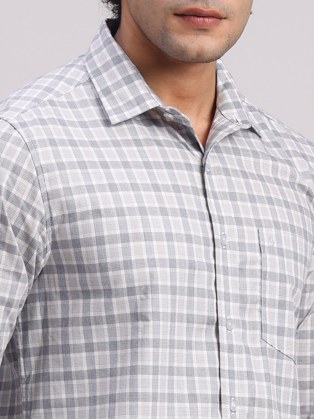 Classic Polo Men's Full Sleeve Grey Polo Neck Slim Fit Checked Cotton Casual Shirt | LSHR1-CL-02 A-FS-CHK-SF