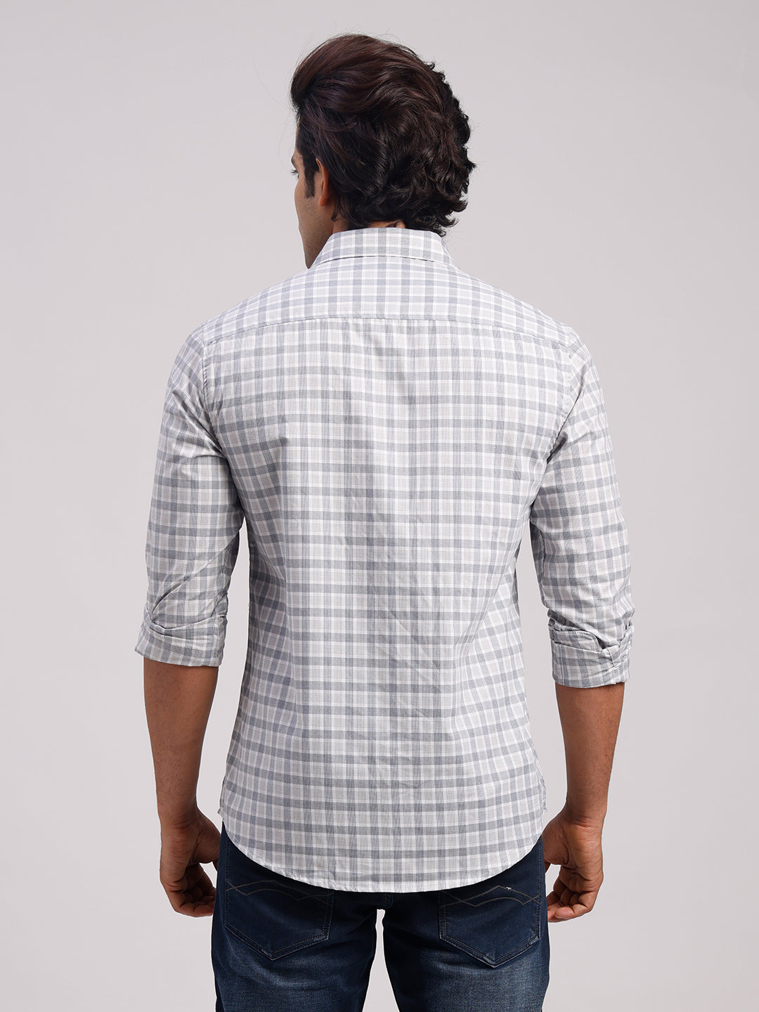 Classic Polo Men's Full Sleeve Grey Polo Neck Slim Fit Checked Cotton Casual Shirt | LSHR1-CL-02 A-FS-CHK-SF