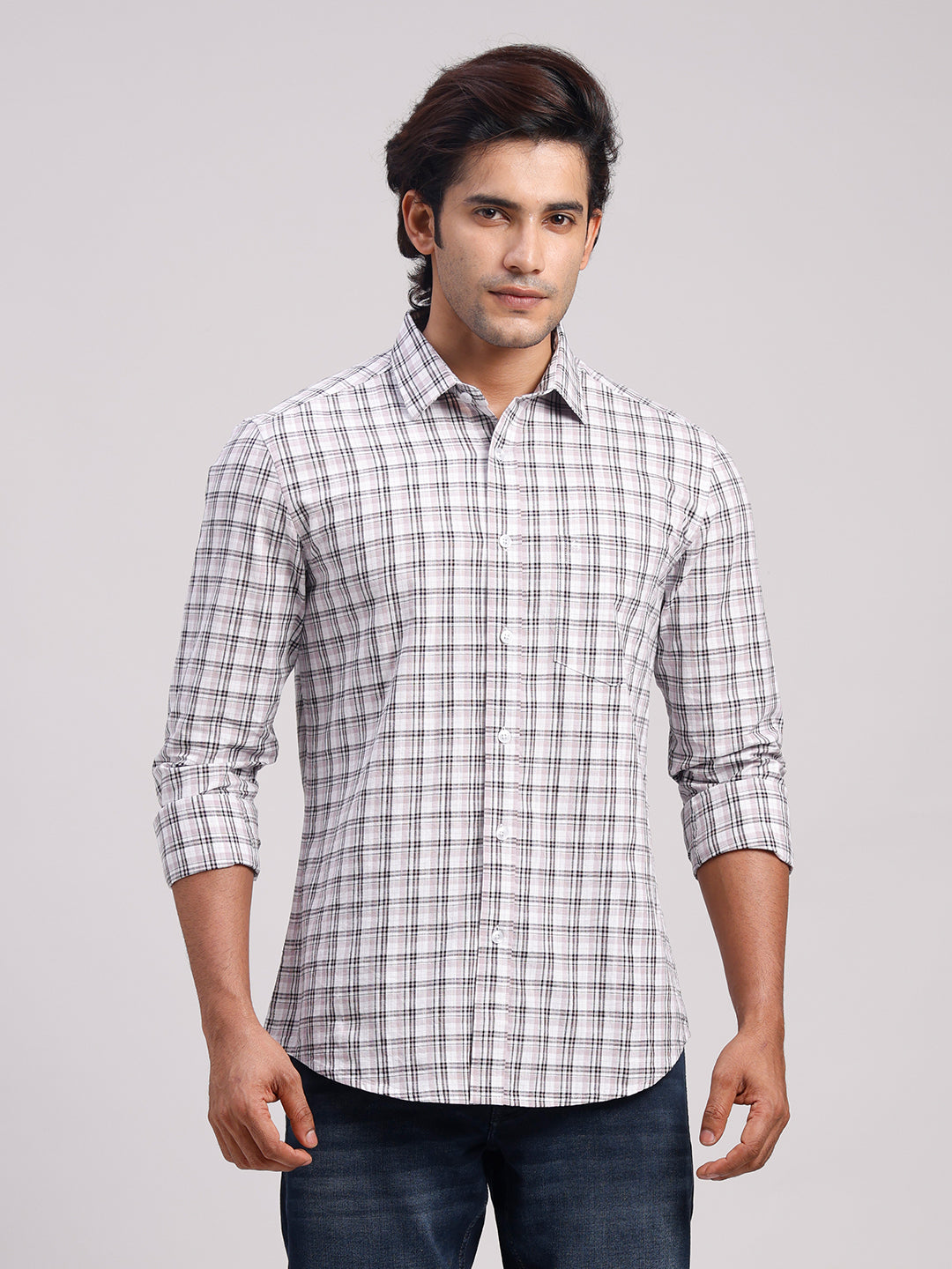 Classic Polo Men's Full Sleeve Black/White Polo Neck Slim Fit Checked Cotton Casual Shirt | SR1-EL-13 A-FS-CHK-SF
