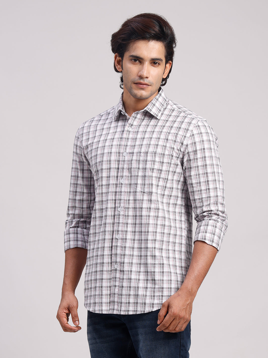 Classic Polo Men's Full Sleeve Black/White Polo Neck Slim Fit Checked Cotton Casual Shirt | SR1-EL-13 A-FS-CHK-SF