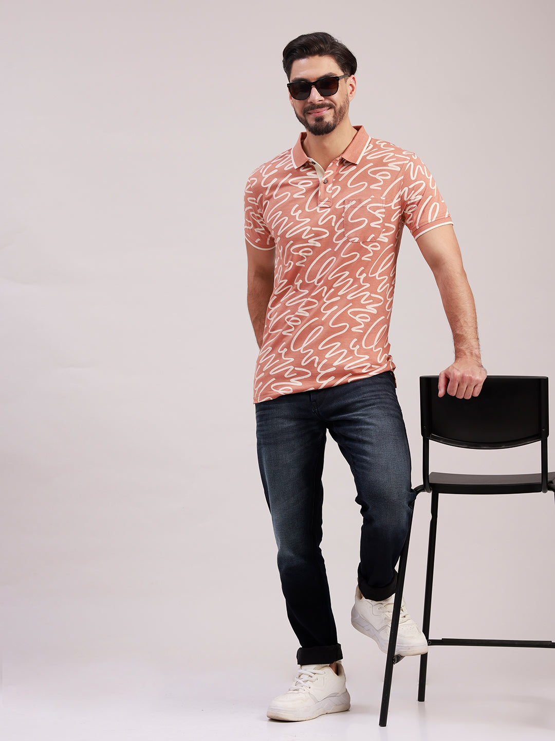 Classic Polo Men's Half Sleeve Peach/White Polo Neck Slim Fit All-Over Print Cotton T-Shirt | LTS-AOP - 120 B SF P
