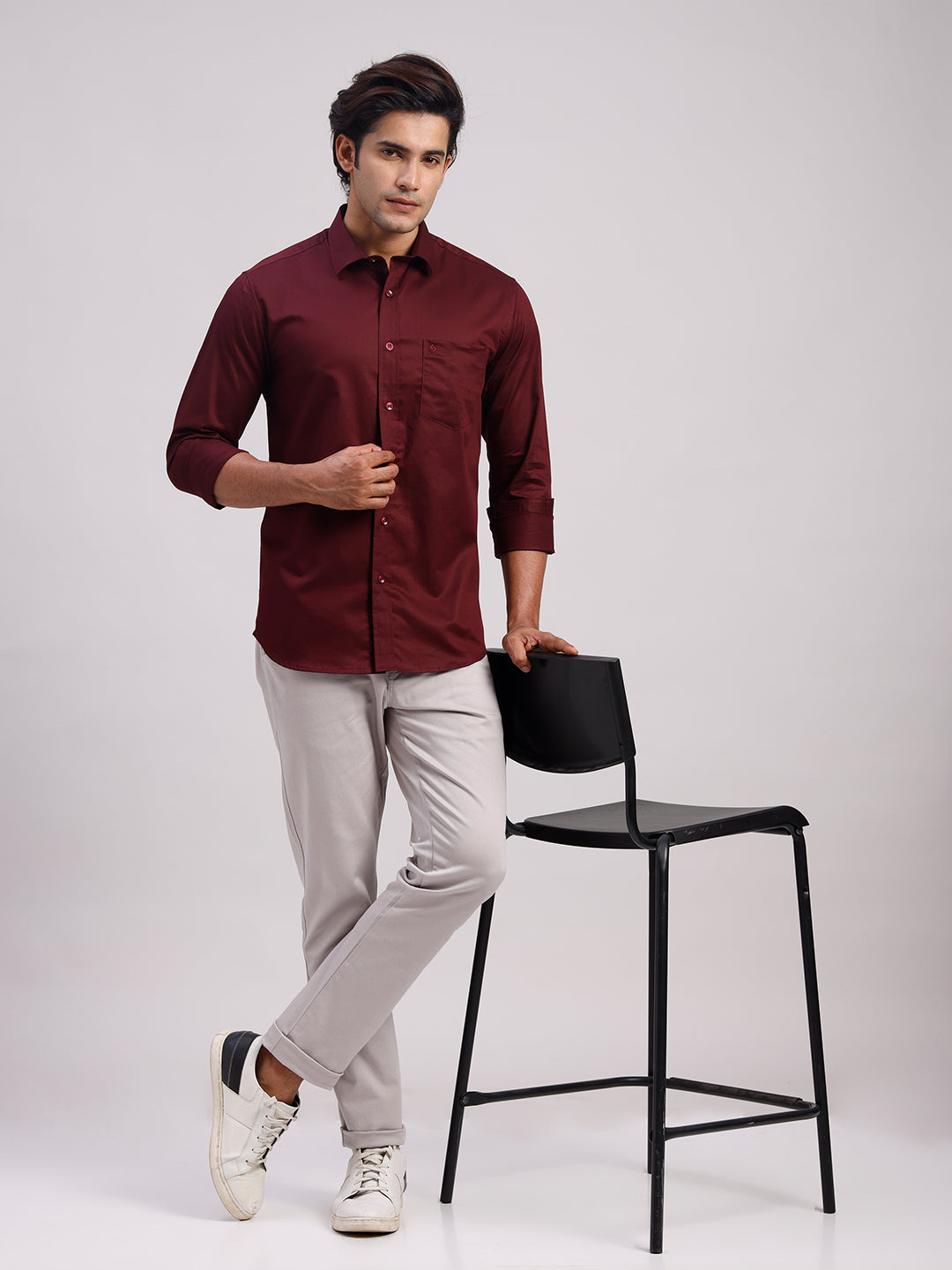 Classic Polo Men's Full Sleeve Maroon Polo Neck Slim Fit Solid Cotton Casual Shirt | LSHR1-EL-13 A-FS-SLD-SF