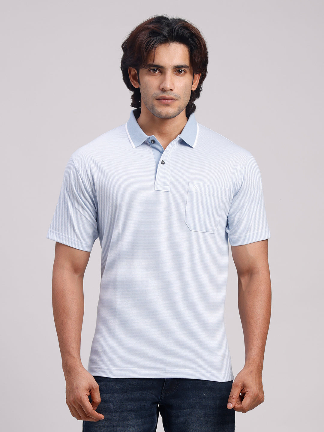 Classic Polo Men's Half Sleeve Blue/White Polo Neck Authentic Fit Striped Cotton Blend T-Shirt | LTS-STR - 111 B AF P