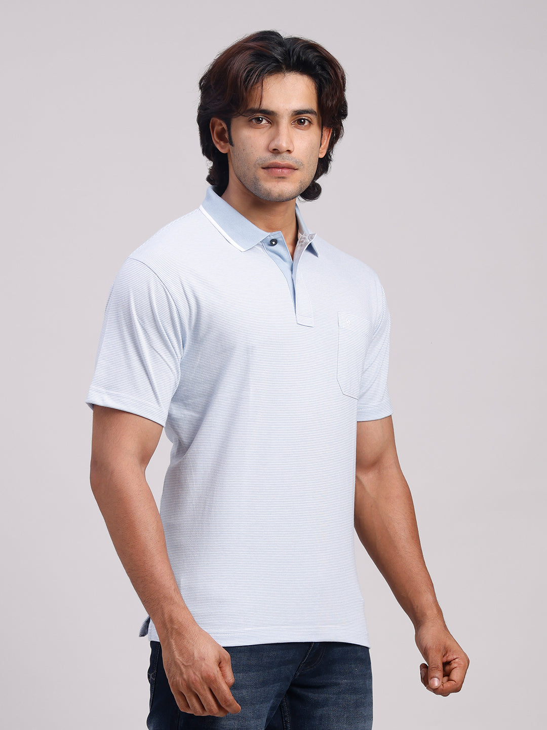 Classic Polo Men's Half Sleeve Blue/White Polo Neck Authentic Fit Striped Cotton Blend T-Shirt | LTS-STR - 111 B AF P
