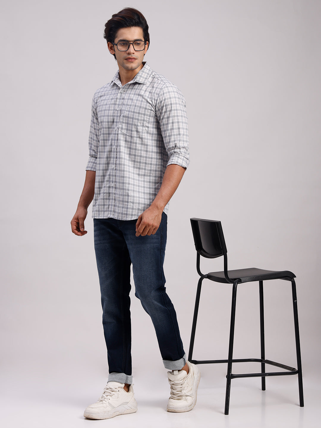 Classic Polo Men's Full Sleeve Grey Polo Neck Slim Fit Checked Cotton Casual Shirt | LSHR1-CL-02 A-FS-CHK-SF