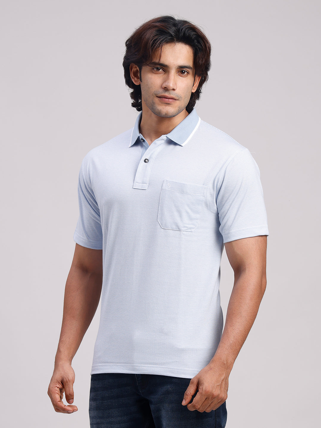Classic Polo Men's Half Sleeve Blue/White Polo Neck Authentic Fit Striped Cotton Blend T-Shirt | LTS-STR - 111 B AF P