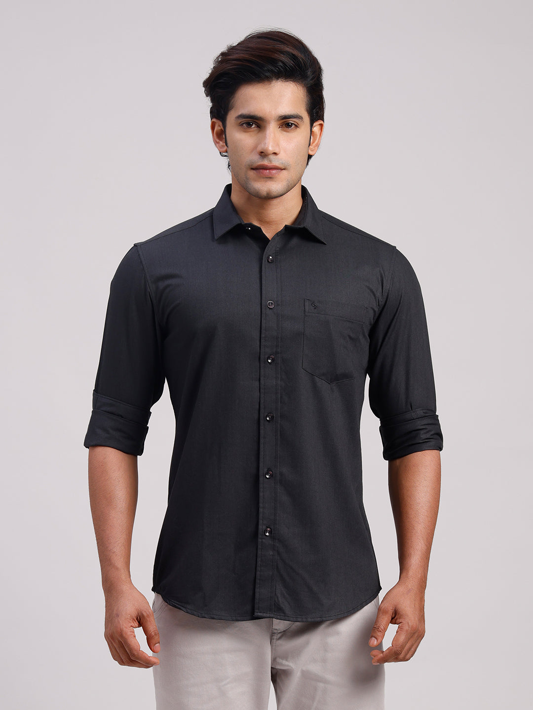 Classic Polo Men's Full Sleeve Black Polo Neck Slim Fit Solid Cotton Casual Shirt | LSHR1-EL-17 C-FS-SLD-SF