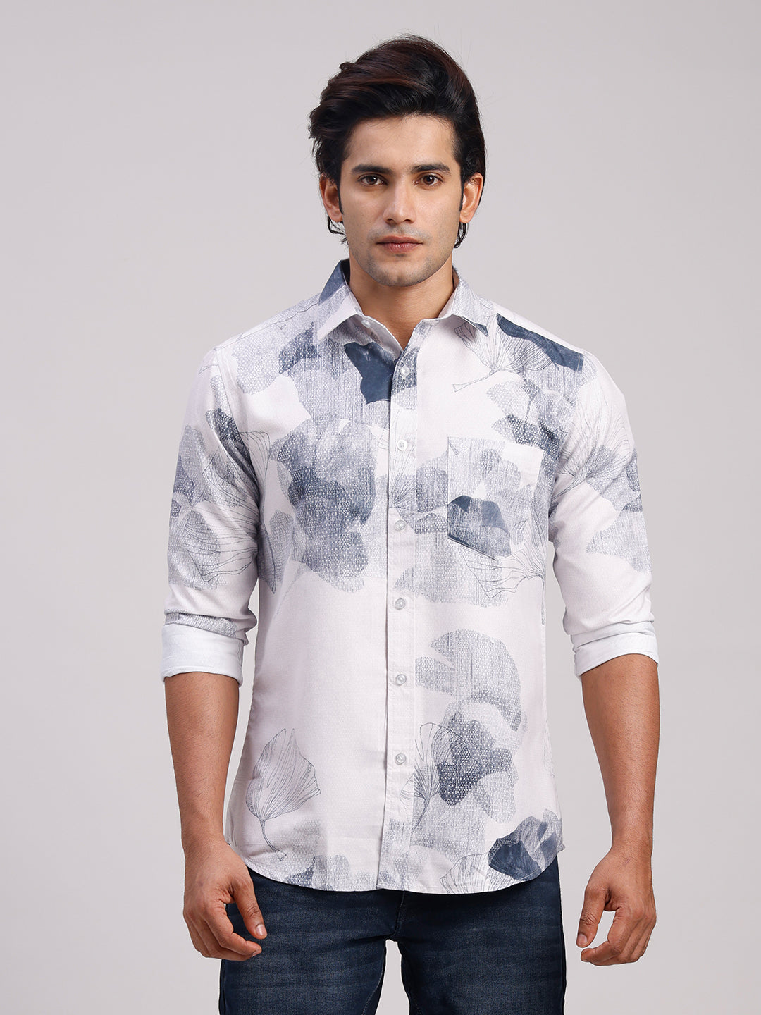Classic Polo Men's Full Sleeve White/Navy Polo Neck Slim Fit All-Over Print Cotton Casual Shirt | SR1-CL-15 B-FS-PRT-SF