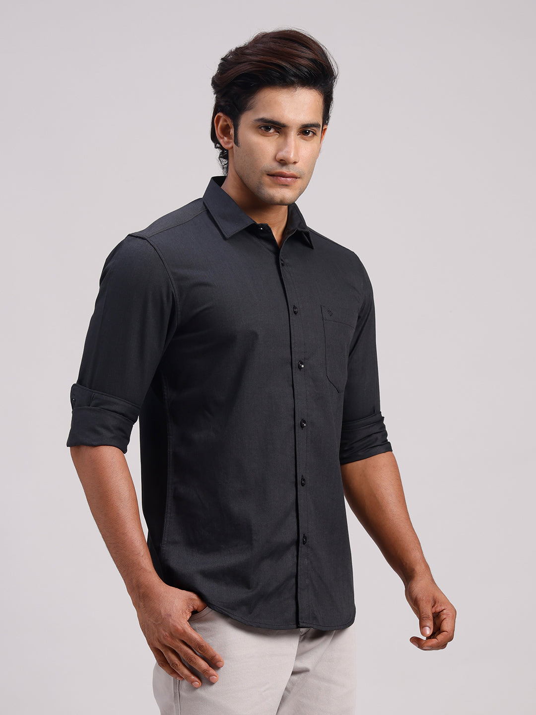 Classic Polo Men's Full Sleeve Black Polo Neck Slim Fit Solid Cotton Casual Shirt | LSHR1-EL-17 C-FS-SLD-SF