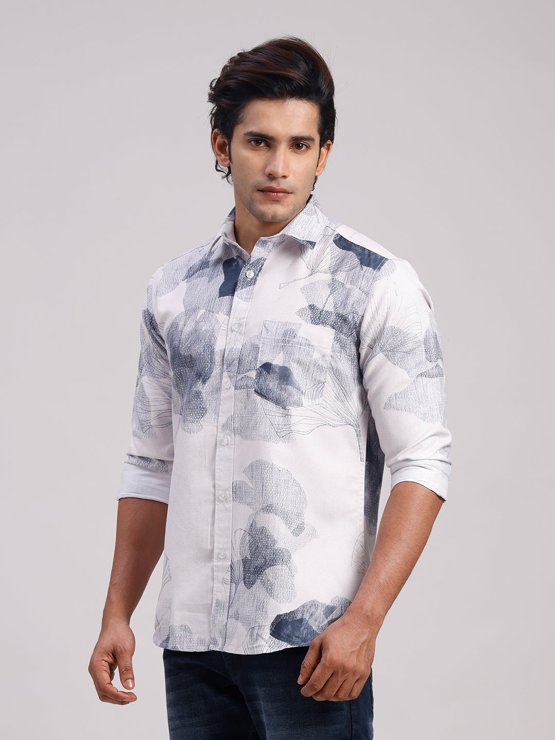 Classic Polo Men's Full Sleeve White/Navy Polo Neck Slim Fit All-Over Print Cotton Casual Shirt | SR1-CL-15 B-FS-PRT-SF