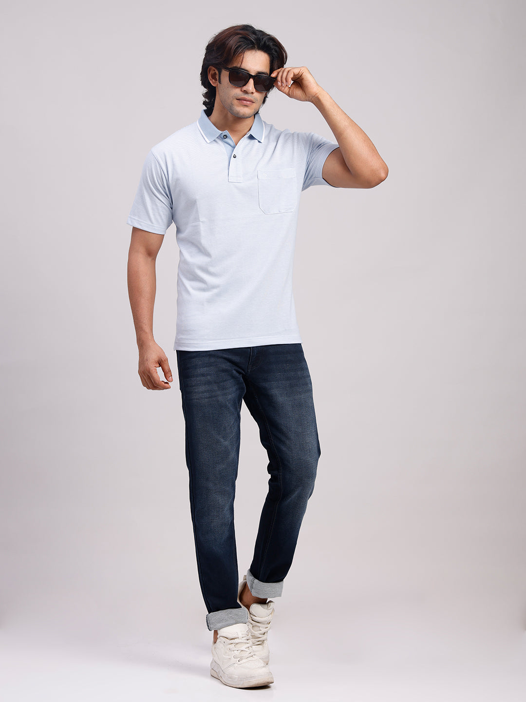 Classic Polo Men's Half Sleeve Blue/White Polo Neck Authentic Fit Striped Cotton Blend T-Shirt | LTS-STR - 111 B AF P