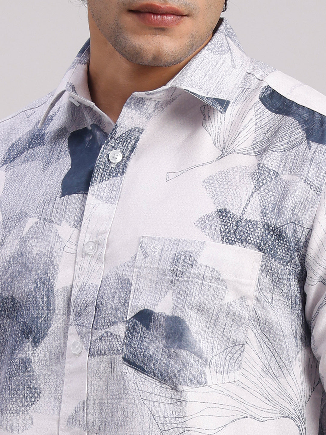 Classic Polo Men's Full Sleeve White/Navy Polo Neck Slim Fit All-Over Print Cotton Casual Shirt | SR1-CL-15 B-FS-PRT-SF