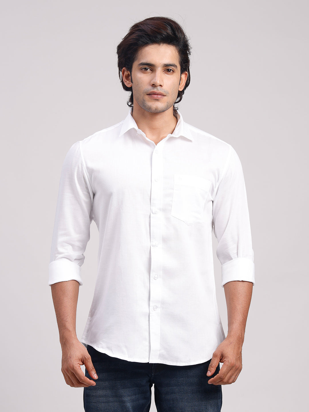 Classic Polo Men's Full Sleeve White Polo Neck Slim Fit Solid Cotton Casual Shirt | SR1-EL-15 A-FS-SLD-SF