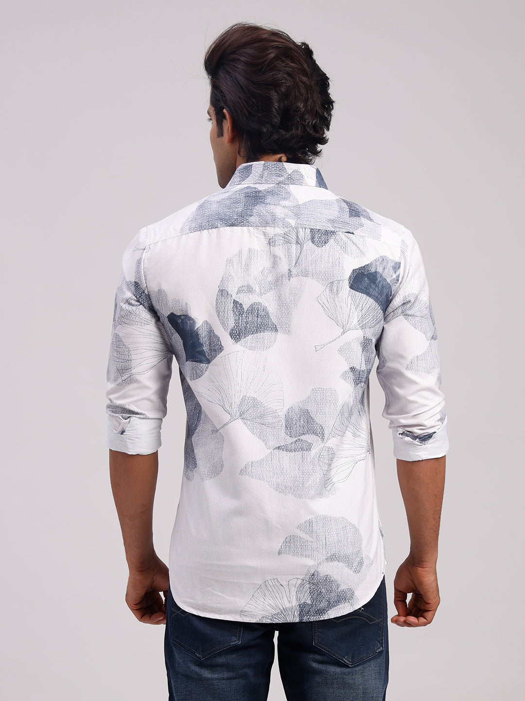 Classic Polo Men's Full Sleeve White/Navy Polo Neck Slim Fit All-Over Print Cotton Casual Shirt | SR1-CL-15 B-FS-PRT-SF
