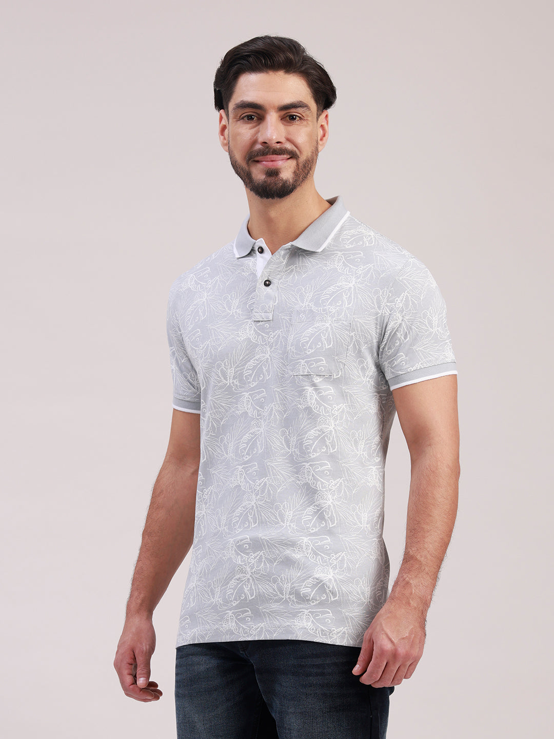 Classic Polo Men's Half Sleeve Grey Polo Neck Slim Fit All-Over Print Cotton T-Shirt | BELLO - 388 B SF P