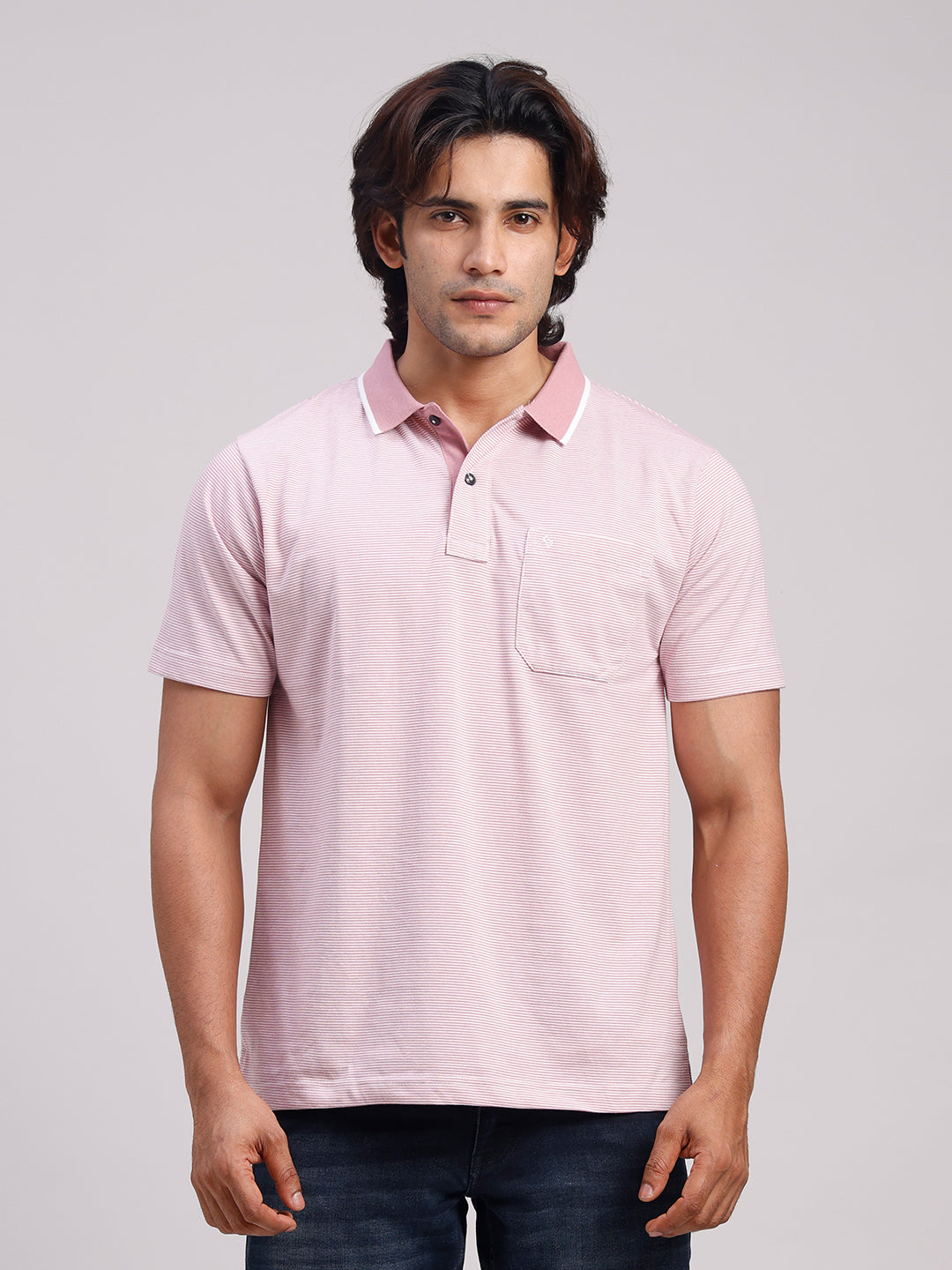 Classic Polo Men's Half Sleeve Mauve/White Polo Neck Authentic Fit Striped Cotton Blend T-Shirt | LTS-STR - 111 A AF P