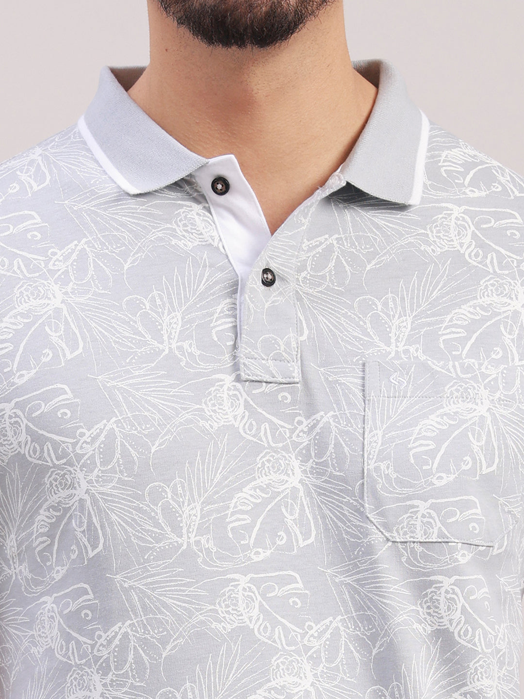 Classic Polo Men's Half Sleeve Grey Polo Neck Slim Fit All-Over Print Cotton T-Shirt | BELLO - 388 B SF P