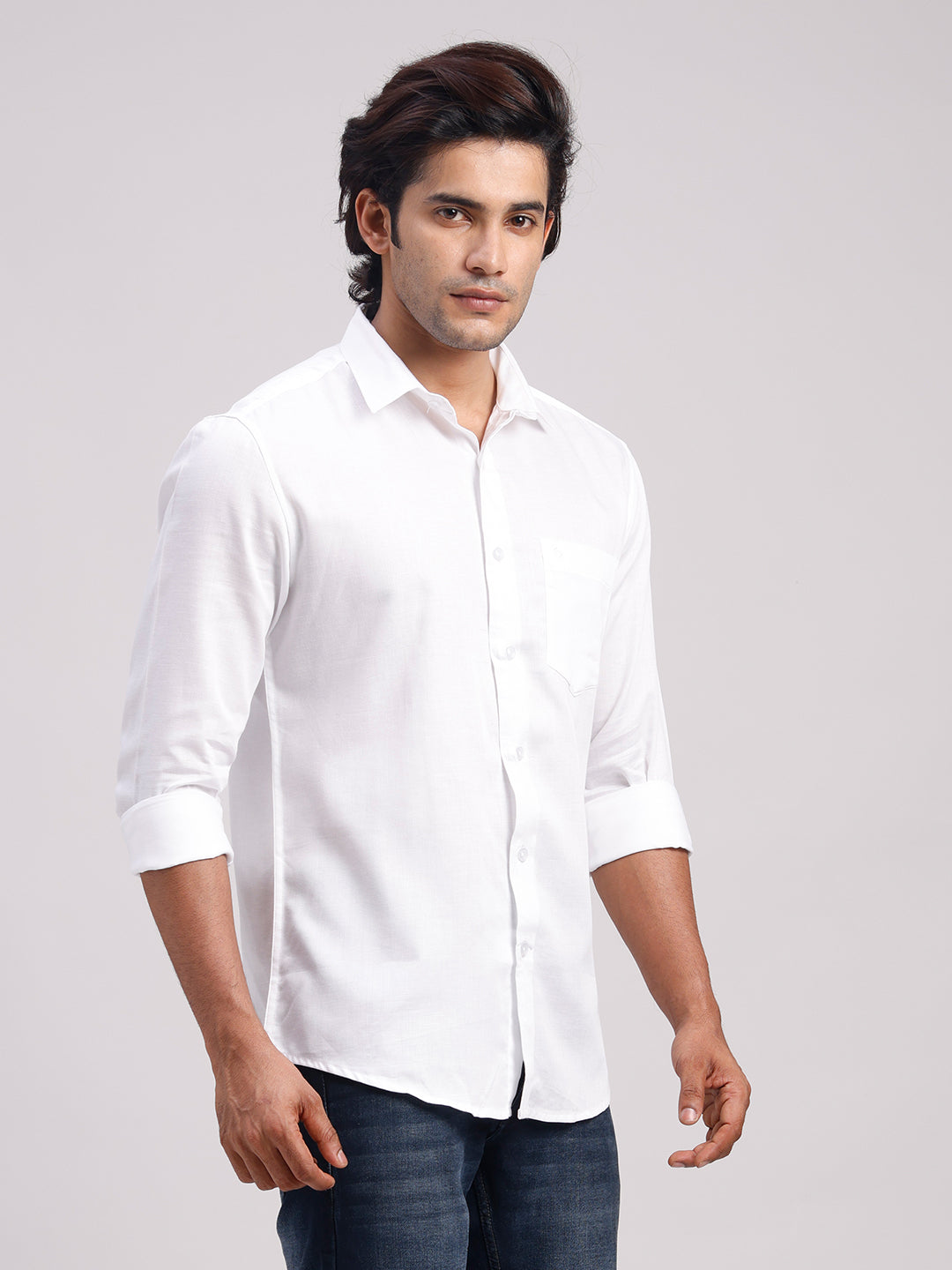 Classic Polo Men's Full Sleeve White Polo Neck Slim Fit Solid Cotton Casual Shirt | SR1-EL-15 A-FS-SLD-SF