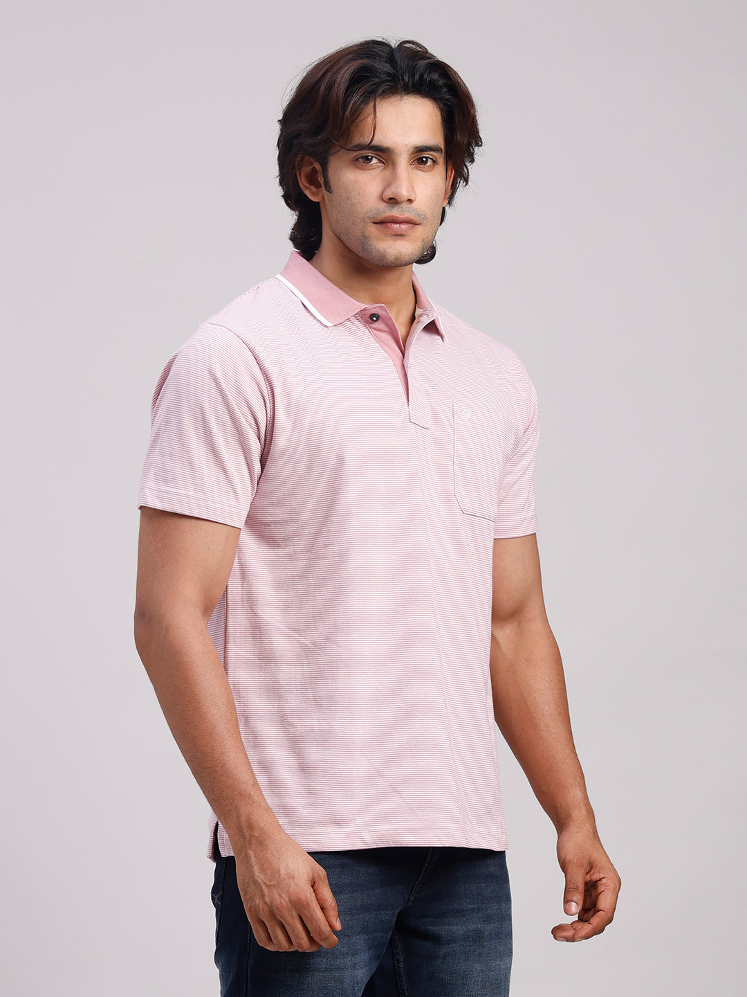 Classic Polo Men's Half Sleeve Mauve/White Polo Neck Authentic Fit Striped Cotton Blend T-Shirt | LTS-STR - 111 A AF P