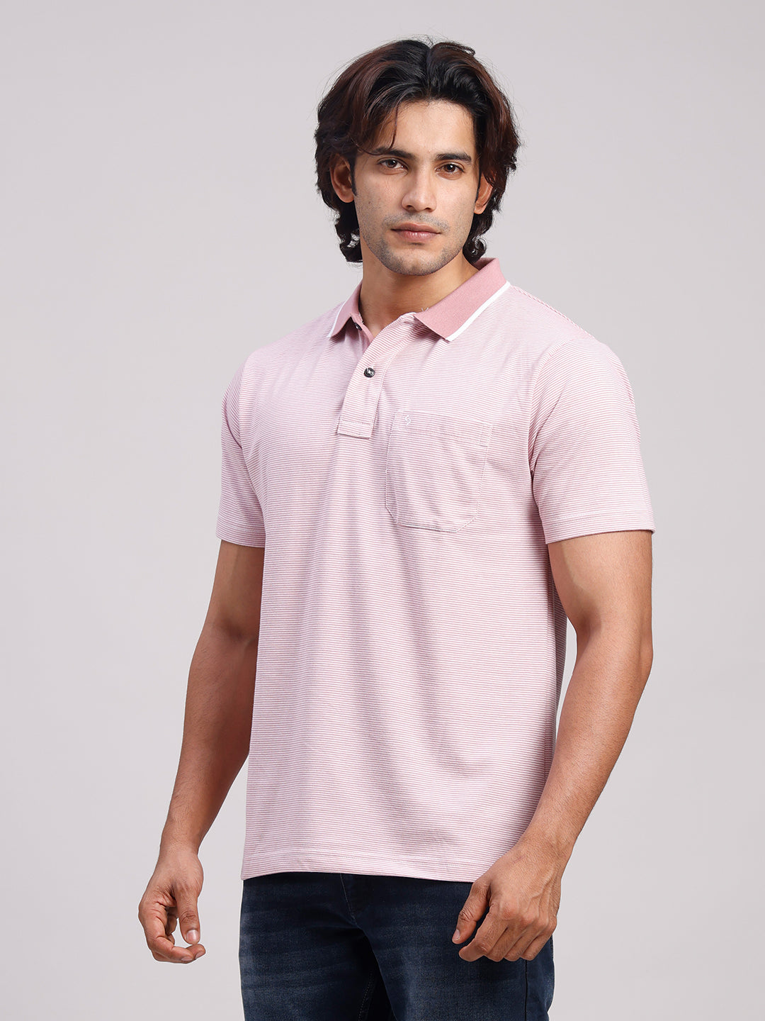 Classic Polo Men's Half Sleeve Mauve/White Polo Neck Authentic Fit Striped Cotton Blend T-Shirt | LTS-STR - 111 A AF P