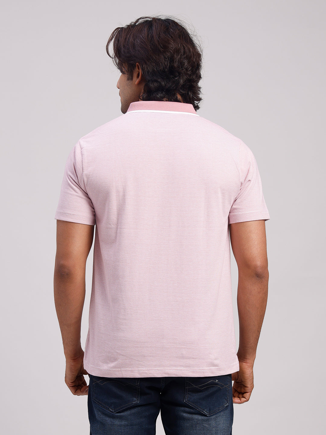 Classic Polo Men's Half Sleeve Mauve/White Polo Neck Authentic Fit Striped Cotton Blend T-Shirt | LTS-STR - 111 A AF P