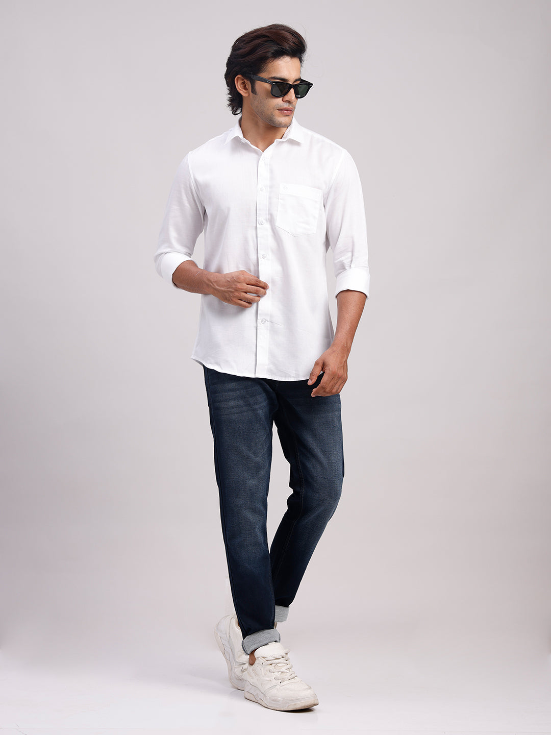 Classic Polo Men's Full Sleeve White Polo Neck Slim Fit Solid Cotton Casual Shirt | SR1-EL-15 A-FS-SLD-SF