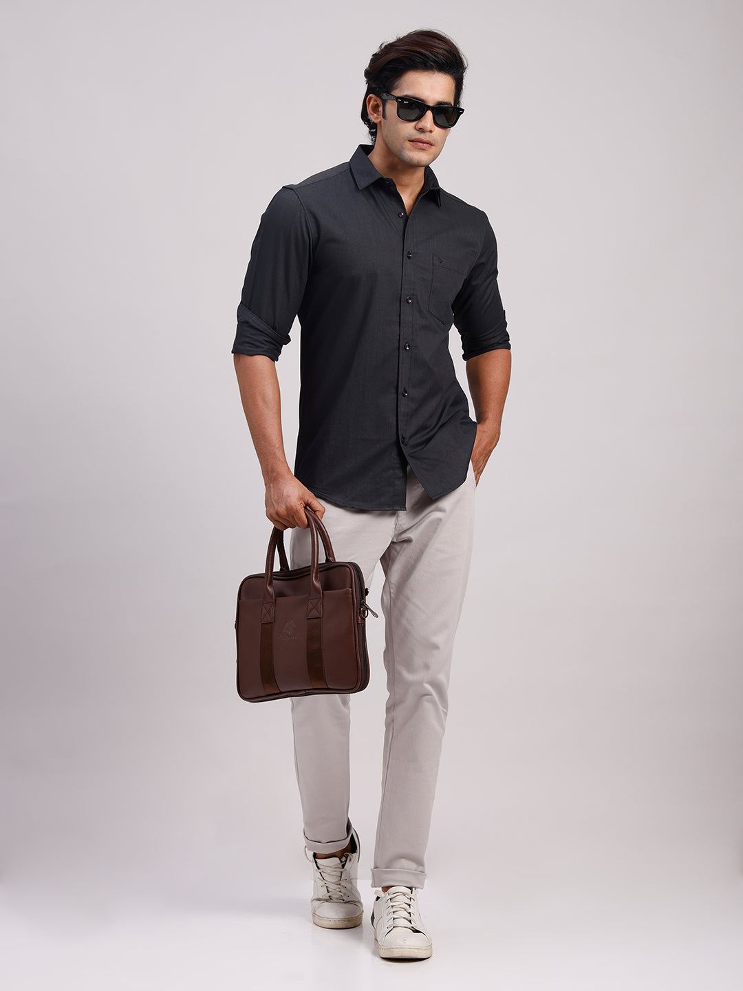 Classic Polo Men's Full Sleeve Black Polo Neck Slim Fit Solid Cotton Casual Shirt | LSHR1-EL-17 C-FS-SLD-SF