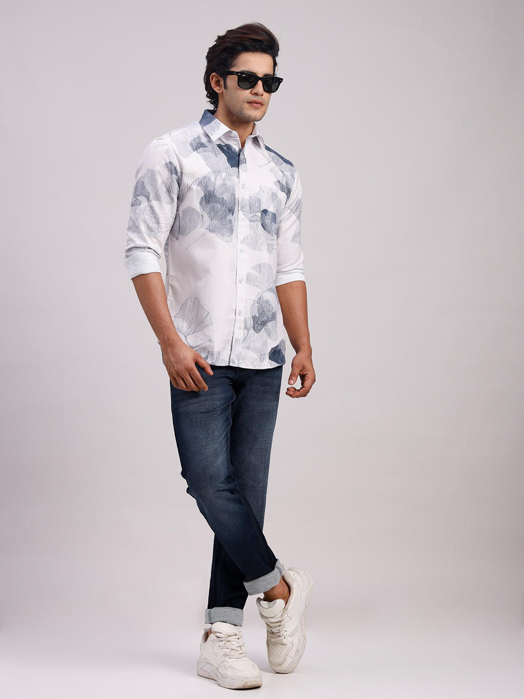 Classic Polo Men's Full Sleeve White/Navy Polo Neck Slim Fit All-Over Print Cotton Casual Shirt | SR1-CL-15 B-FS-PRT-SF