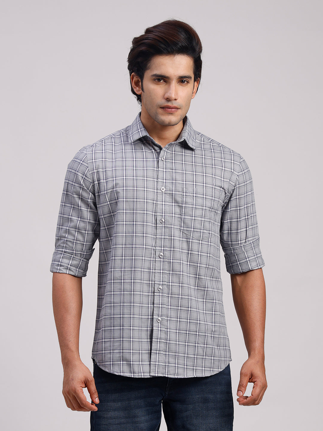 Classic Polo Men's Full Sleeve Grey Polo Neck Slim Fit Checked Cotton Casual Shirt | SR1-CL-14 B-FS-CHK-SF