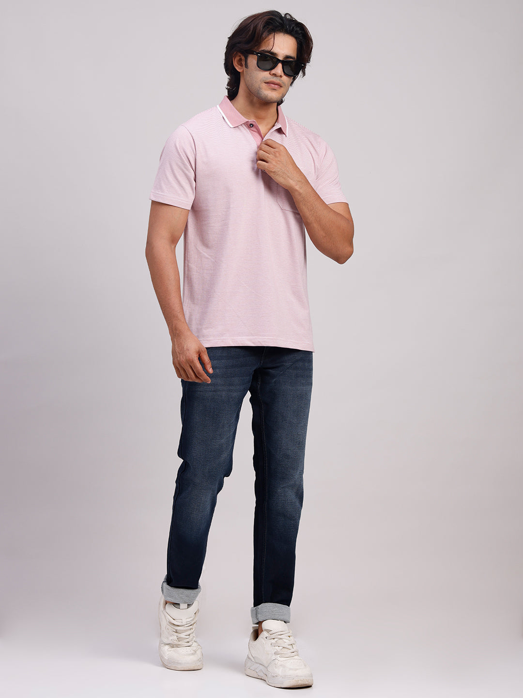 Classic Polo Men's Half Sleeve Mauve/White Polo Neck Authentic Fit Striped Cotton Blend T-Shirt | LTS-STR - 111 A AF P