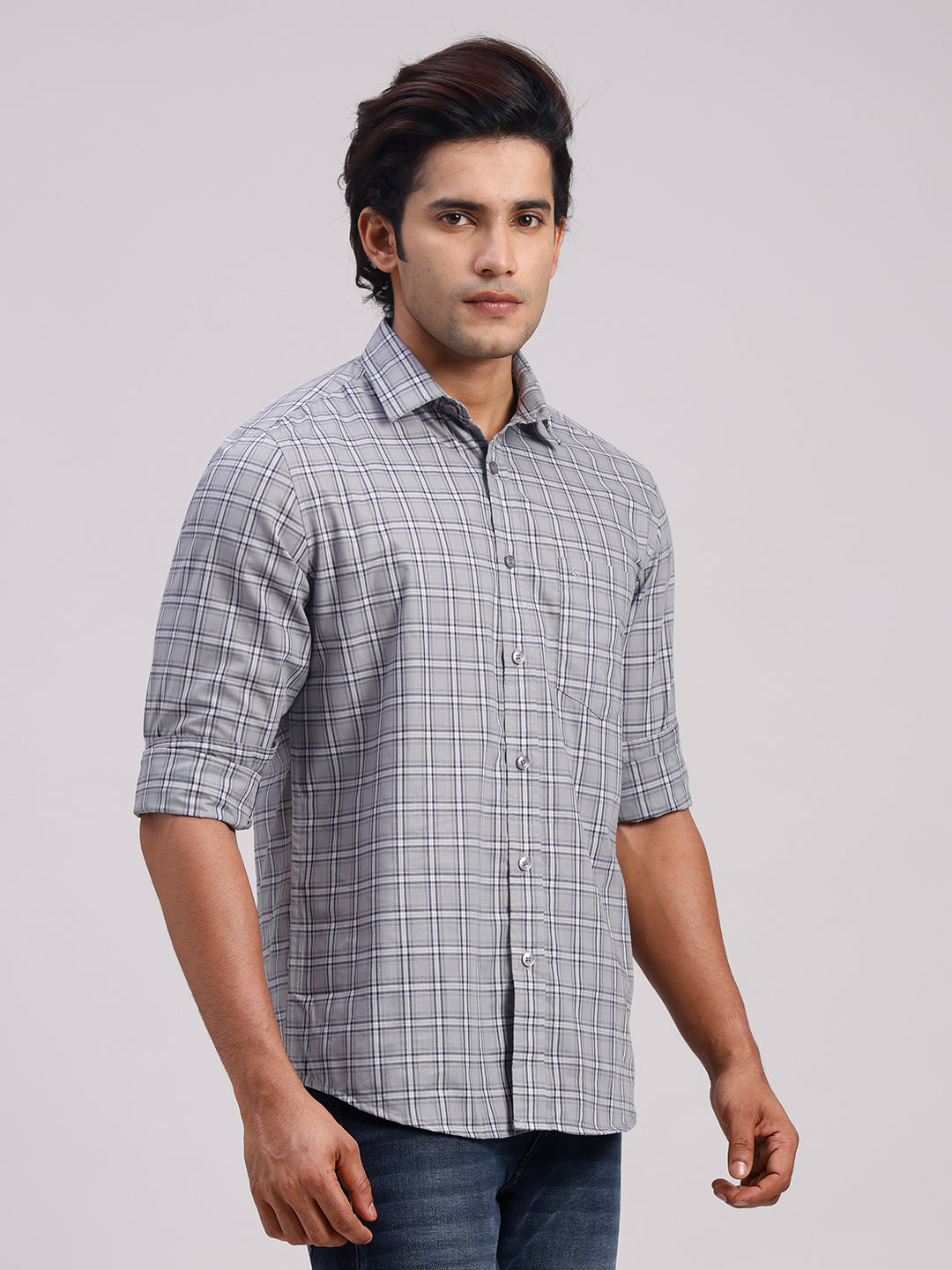Classic Polo Men's Full Sleeve Grey Polo Neck Slim Fit Checked Cotton Casual Shirt | SR1-CL-14 B-FS-CHK-SF