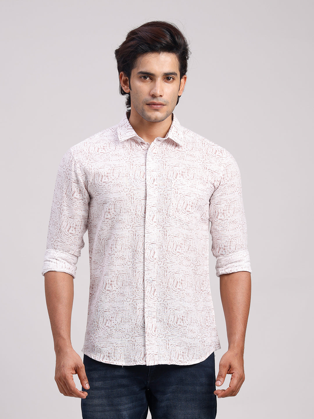 Classic Polo Men's Full Sleeve Off-White/Light Brown Polo Neck Slim Fit All-Over Print Cotton Casual Shirt | SR1-GN-07 B-FS-PRT-SF
