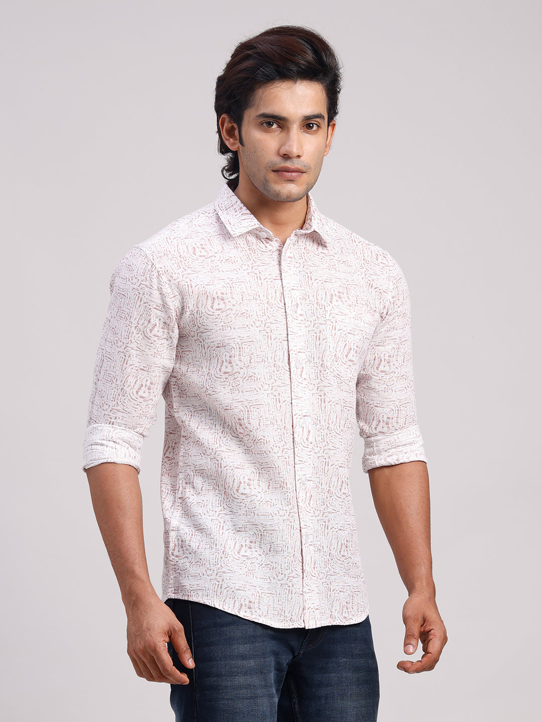 Classic Polo Men's Full Sleeve Off-White/Light Brown Polo Neck Slim Fit All-Over Print Cotton Casual Shirt | SR1-GN-07 B-FS-PRT-SF
