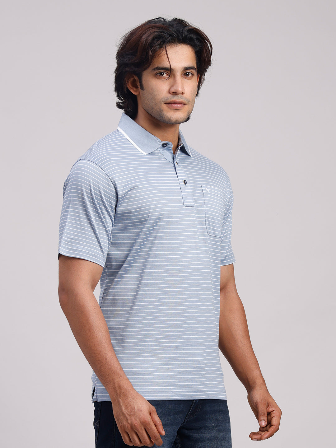 Classic Polo Men's Half Sleeve Powder Blue/White Authentic Fit Striped Premium Mercerised Cotton T-Shirt | ULTIMO - 356 A AF P