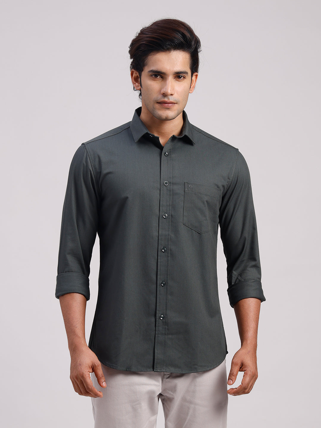 Classic Polo Men's Full Sleeve Charcoal Grey Polo Neck Slim Fit Solid Cotton Casual Shirt | LSHR1-EL-17 A-FS-SLD-SF