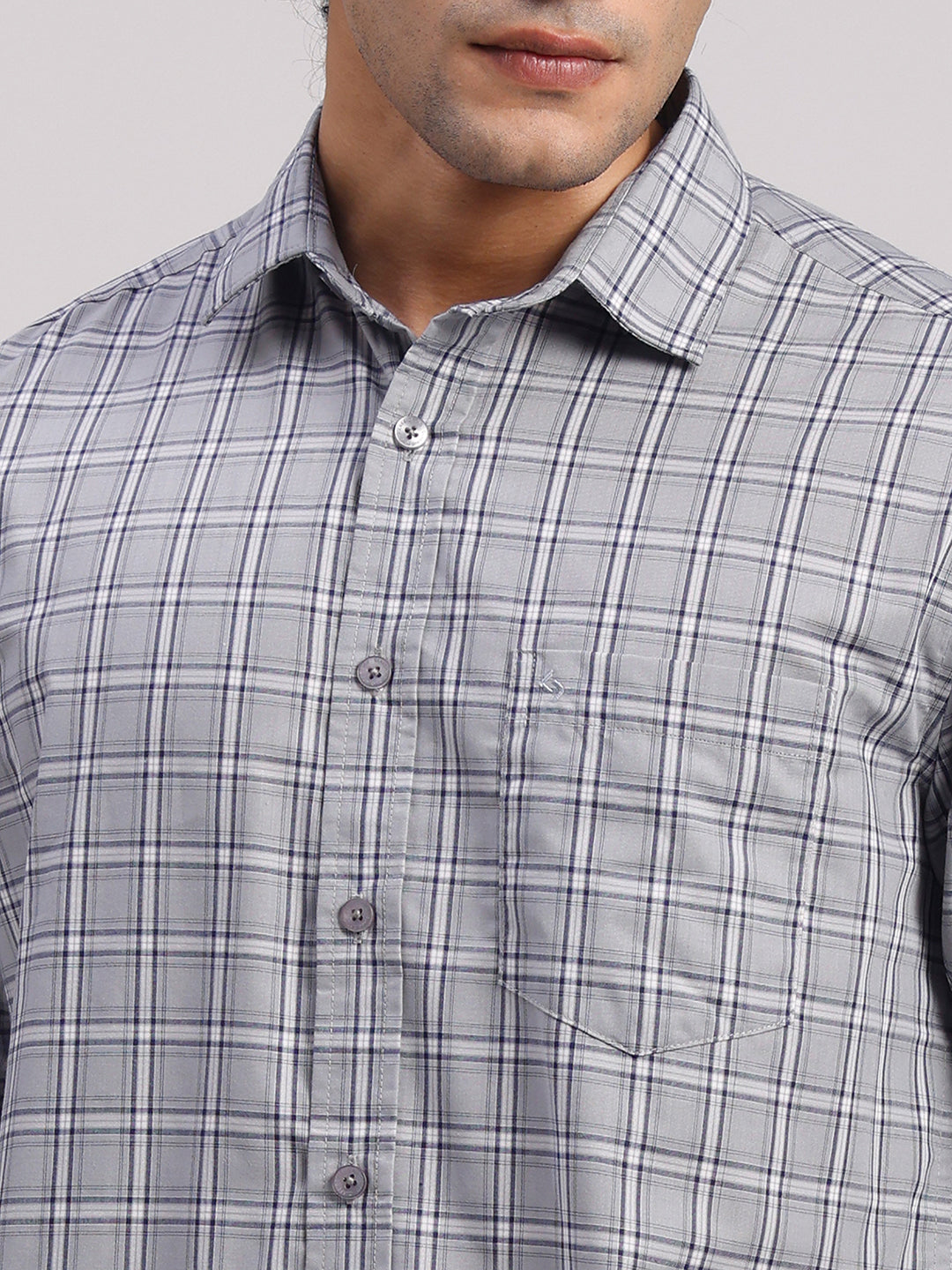 Classic Polo Men's Full Sleeve Grey Polo Neck Slim Fit Checked Cotton Casual Shirt | SR1-CL-14 B-FS-CHK-SF