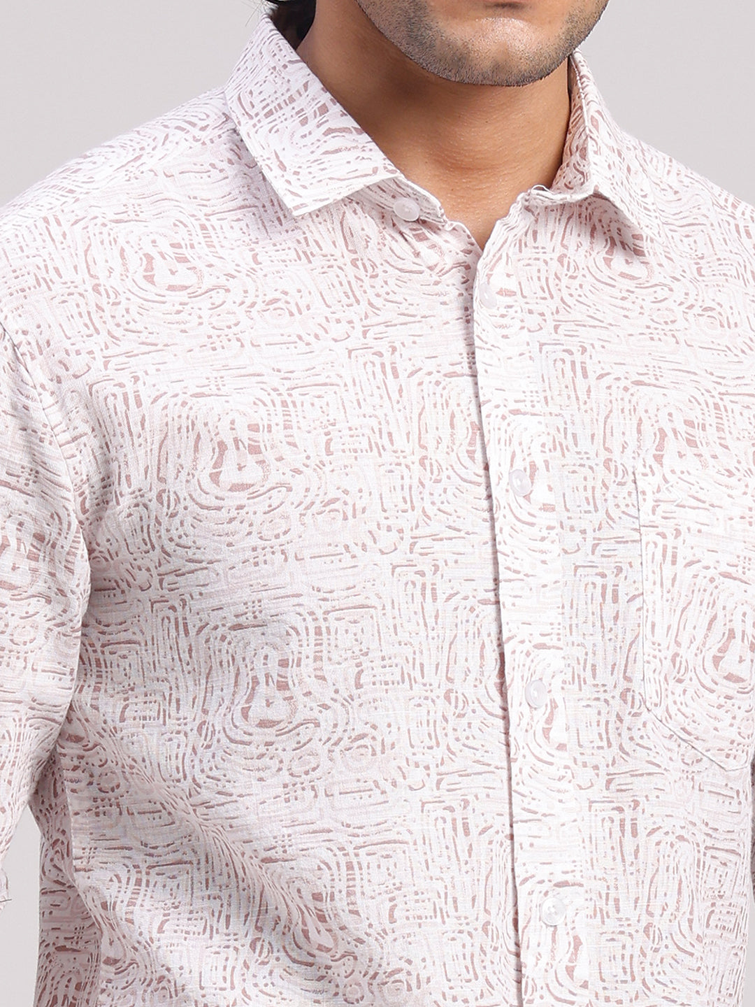 Classic Polo Men's Full Sleeve Off-White/Light Brown Polo Neck Slim Fit All-Over Print Cotton Casual Shirt | SR1-GN-07 B-FS-PRT-SF