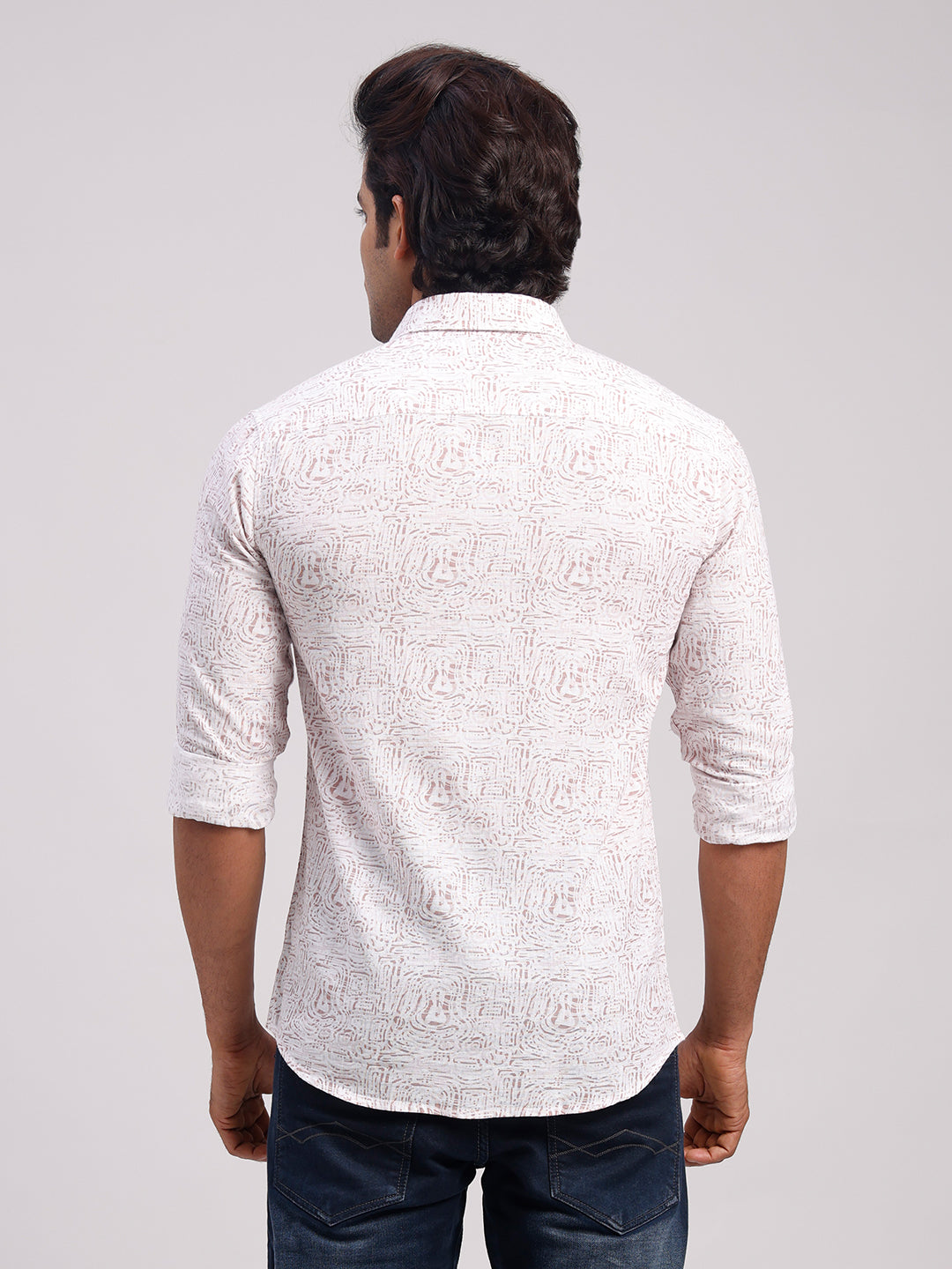 Classic Polo Men's Full Sleeve Off-White/Light Brown Polo Neck Slim Fit All-Over Print Cotton Casual Shirt | SR1-GN-07 B-FS-PRT-SF