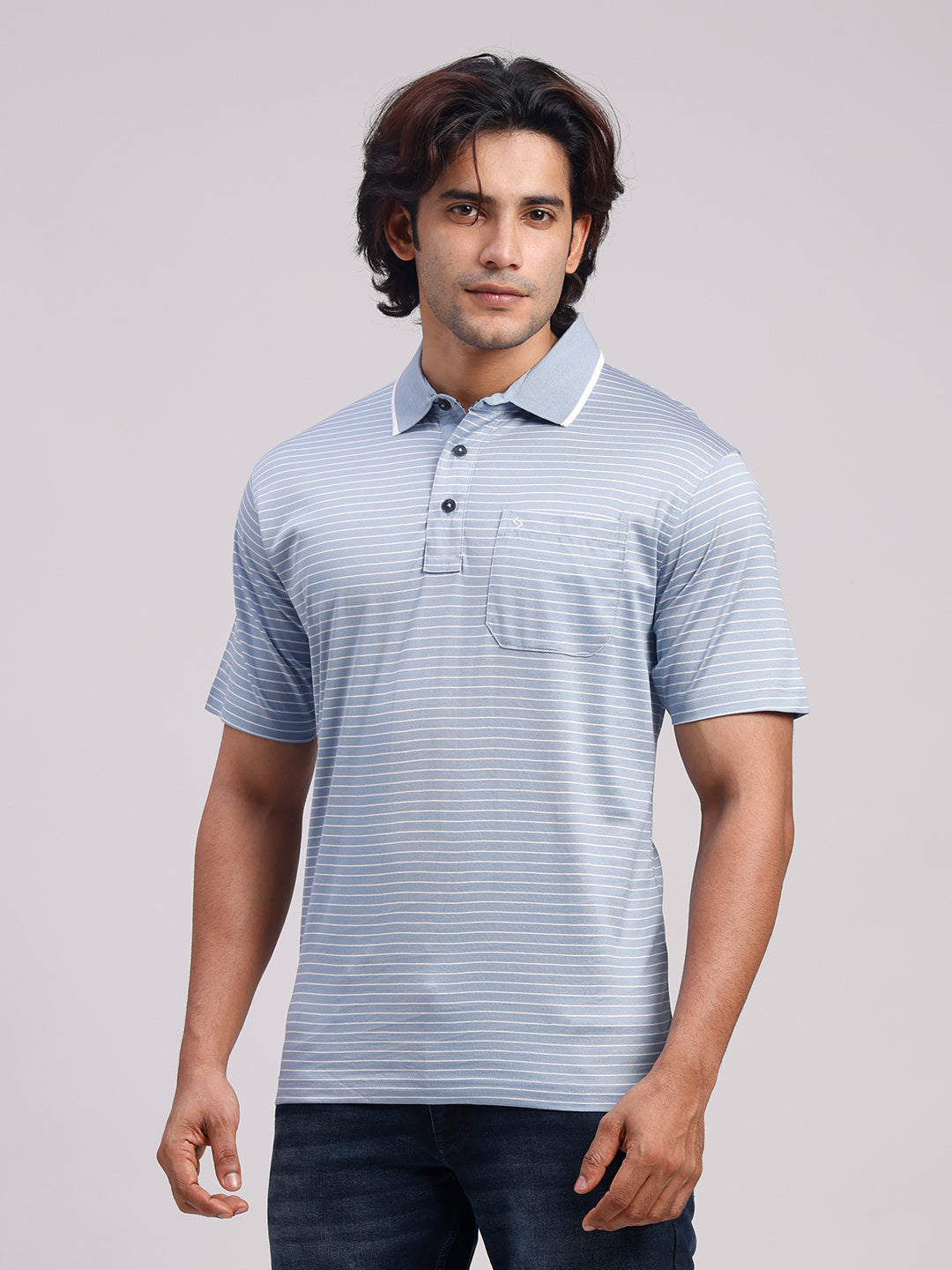 Classic Polo Men's Half Sleeve Powder Blue/White Authentic Fit Striped Premium Mercerised Cotton T-Shirt | ULTIMO - 356 A AF P