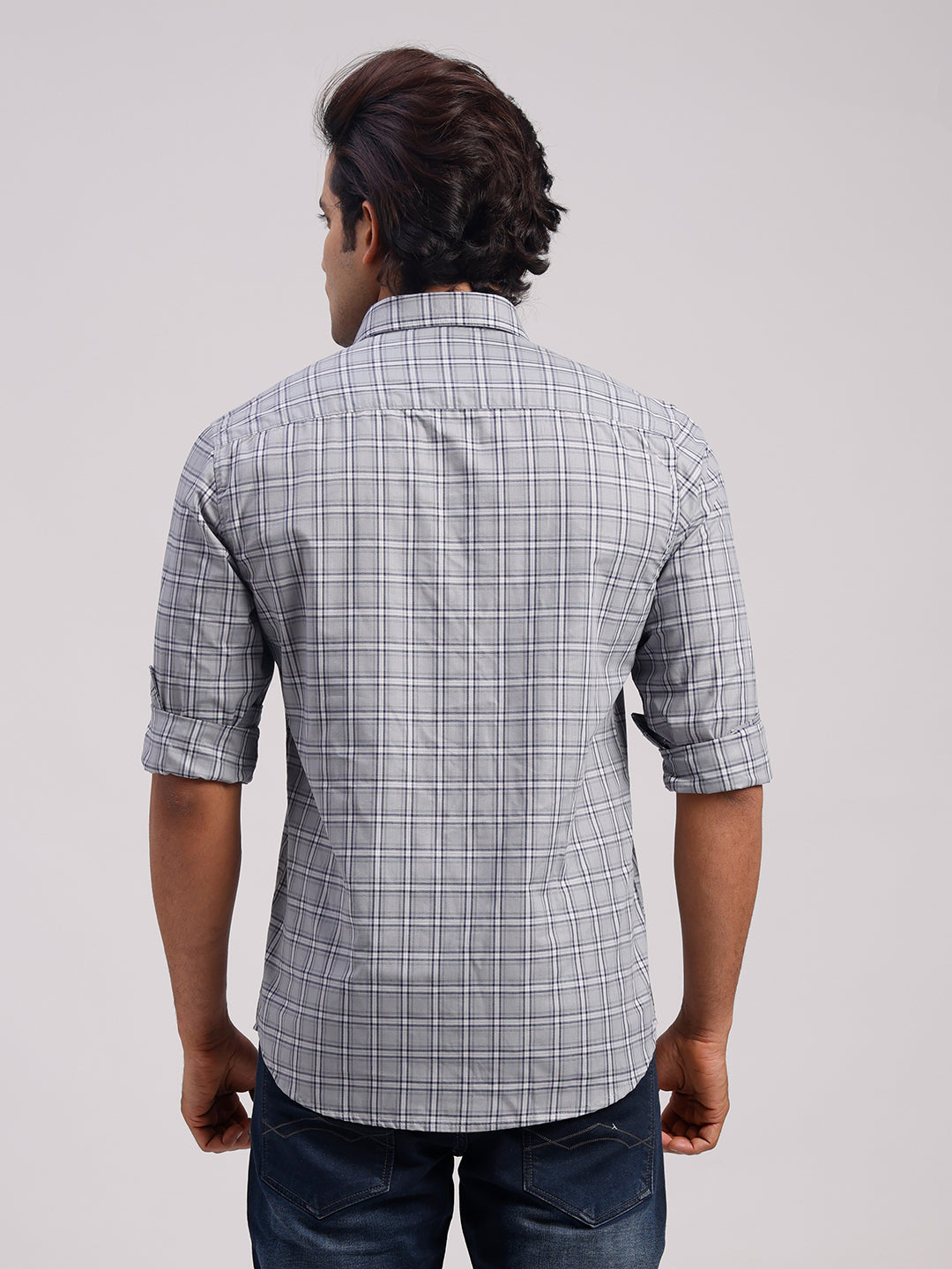 Classic Polo Men's Full Sleeve Grey Polo Neck Slim Fit Checked Cotton Casual Shirt | SR1-CL-14 B-FS-CHK-SF
